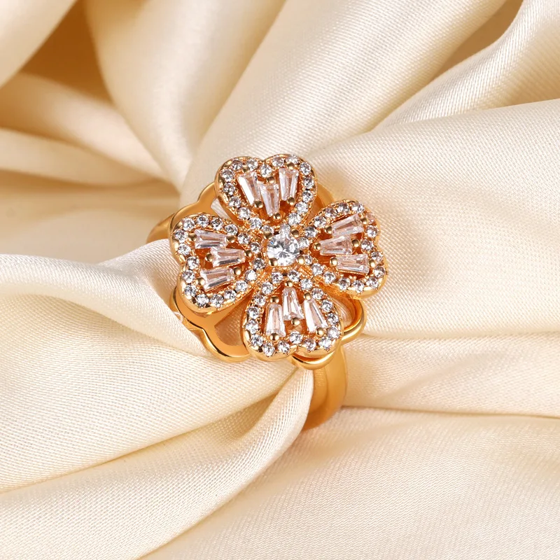 

Кольцо из настоящего золота с четырьмя листами клевера — вращающийся дизайн, элегантное открытое регулируемое, идеально подходит для повседневного ношения и особых случаев