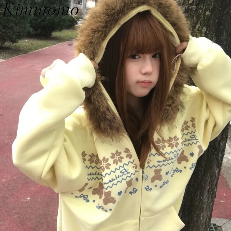 

Kimutomo Hoodies Women Cartoon Bear Embroidery Furry Patchwork Autumn Winter 2025 Sweet Jackets Vintage Y2k Ladies Sweatshirt