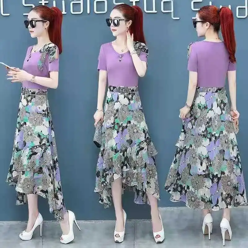 Chiffon Dress Irregular 2022 New Spring and Summer Women's Korean Fashion Short Sleeved Broken Flowers Thin Skirt