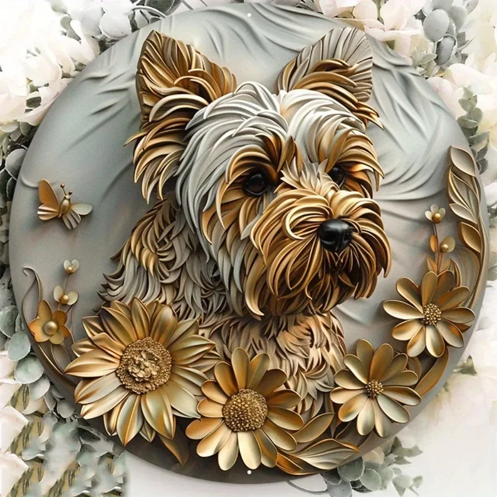 Aluminum Dog Ornament with Door Hanger and Wall Art, Yorkshire Terrier, Round Sign, Home Decor, 8x8in, 1PC