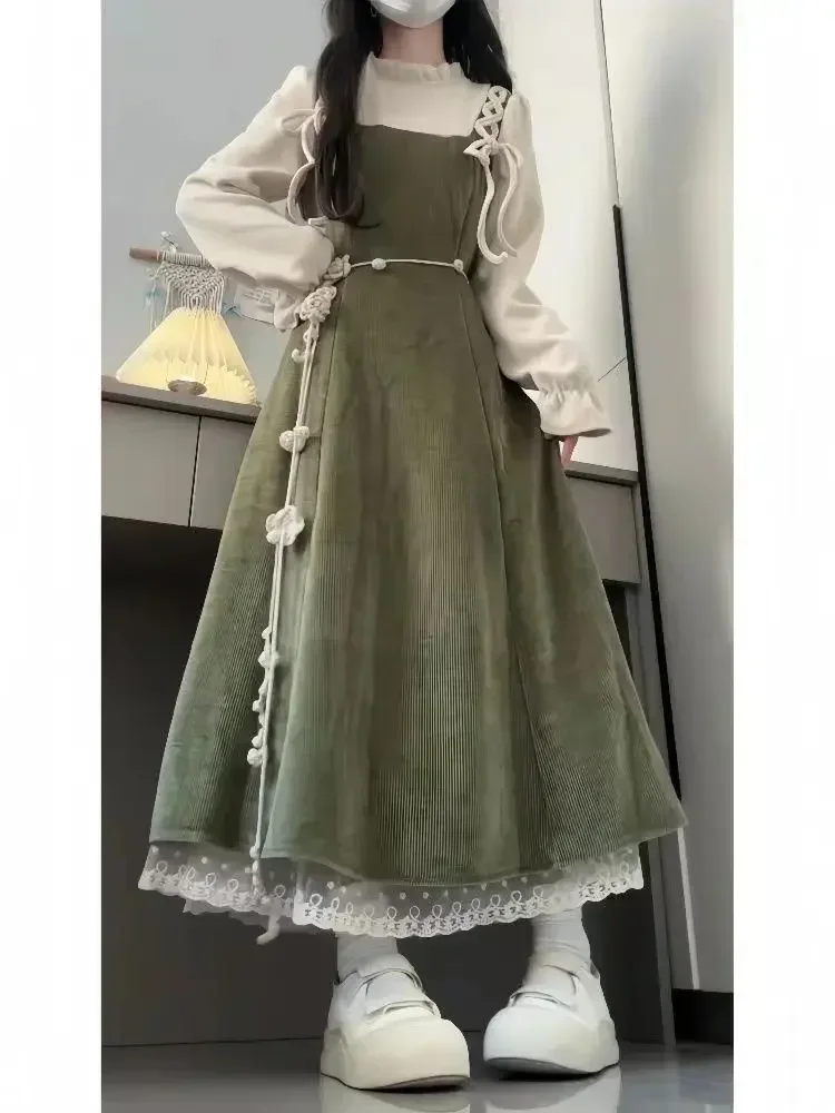 Feminino 2025 novo outono style coreano manga longa camisa قاعدة topos cintura cinching efeito fina alça de ombro vestidos partsices