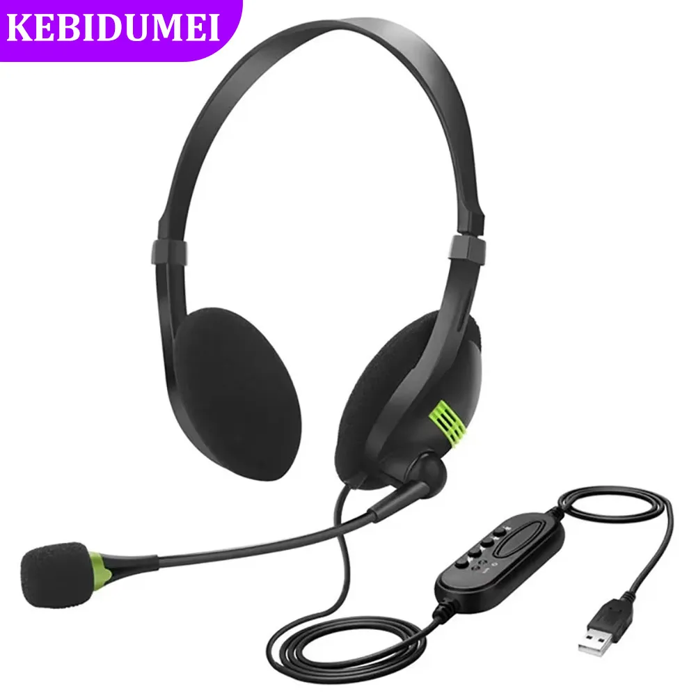 USB Wired Headphones Operator Earphones Retractable Headband Headset with Microphone Volume Control Reduction for Student