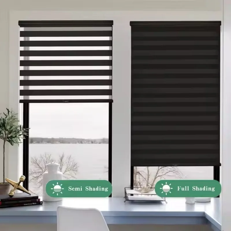 Custom Manual Blind Aluminium alloy fittings Fabric Safe Waterproof 100%Blackout Manual Cordless Spring Zebra Blinds For Windows