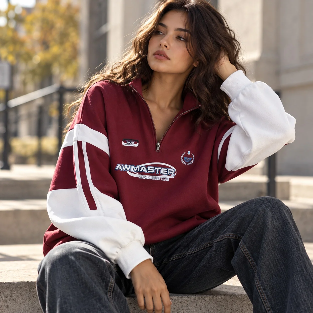 Printed Striped Hoodie Regular Length American Style with Pullover Letter Pattern Streetwear Crew Neck No Hood Women Sweatshirts