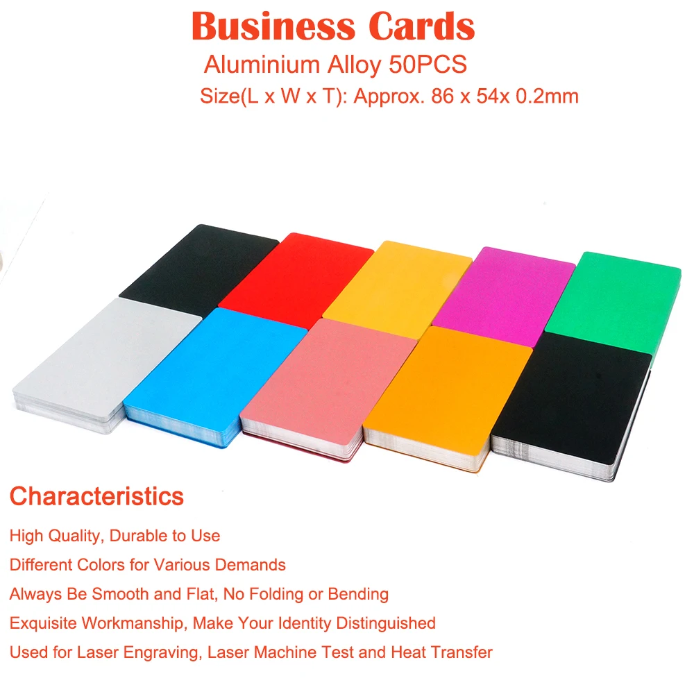 50pcs /Lot Business Name Cards Multicolor Aluminium Alloy Metal Sheet Testing Material for Laser Marking Machine DIY Gift