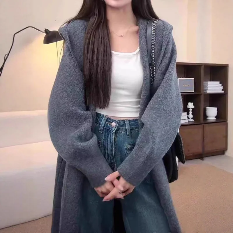 

Осень-зима, новый вязаный кардиган в корейском стиле для женщин, ленивый стиль, с капюшоном, средней длины, свободный крой, утягивающий свитер, верхняя одежда