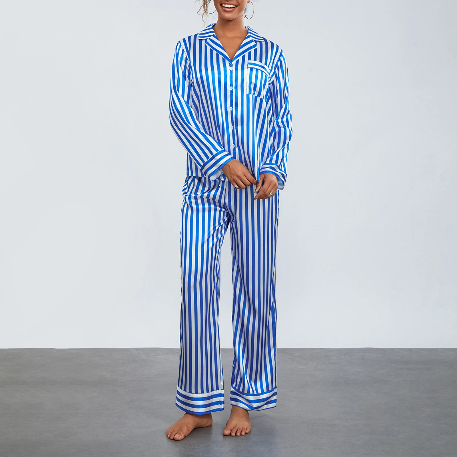 2024 Women Christmas Pajama Sets Striped Long Sleeve Satin Button Shirts with Wide Leg Long Pants Nightwear Sleepwear Loungewear