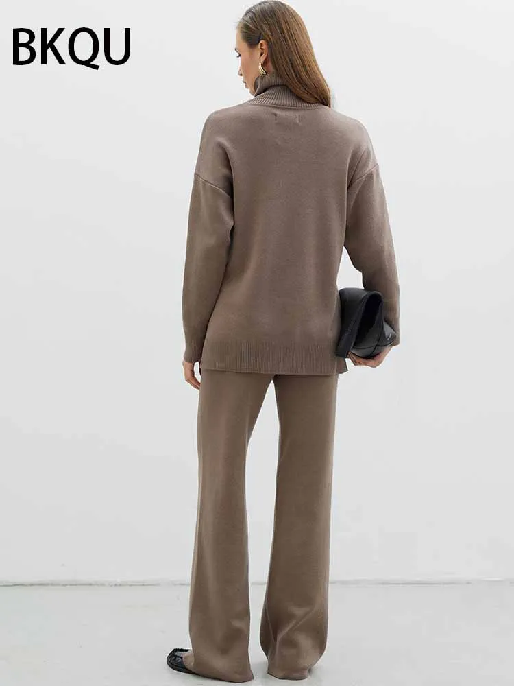 BKQU Solido maglione a collo alto Pantaloni Set da donna in due pezzi lavorato a maglia allentato morbido pullover pantaloni a gamba larga Outfit 2025 Autunno Inverno