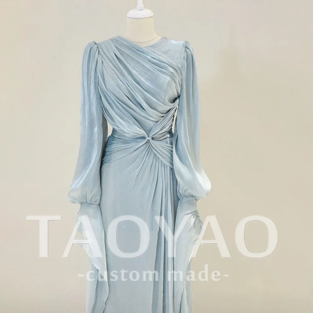 Modest Pink Chiffon Evening Dress Pleats Puff Long Sleeve Floor Length Prom Dresses Ruched A-Line Arabia Party Gowns Customized