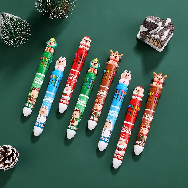 New Christmas Capybara 10 Color Ballpoint Pen Cute Cartoon Santa Claus Elk Snowmen Tree Christmas Pen School Office Stationery