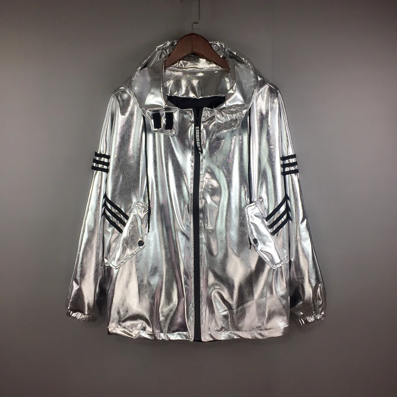 Silver Metallic Hooded Jacket Hip Hop Jazz Stage Show Boy\'s Coat ( only for jacket )