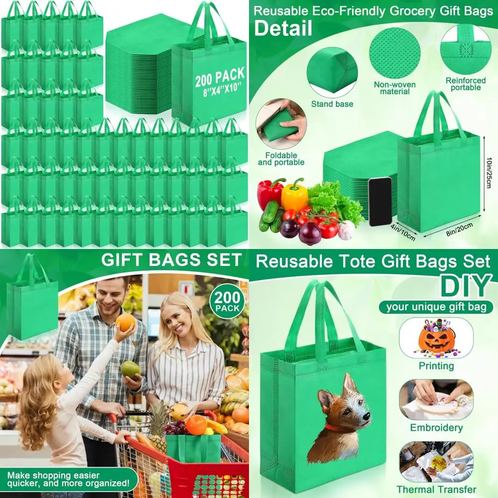 Herbruikbare draagtassen bulk, 200 stuks, 8x4x10 inch, niet-geweven, groene boodschappentassen met handvatten voor cadeaubakken