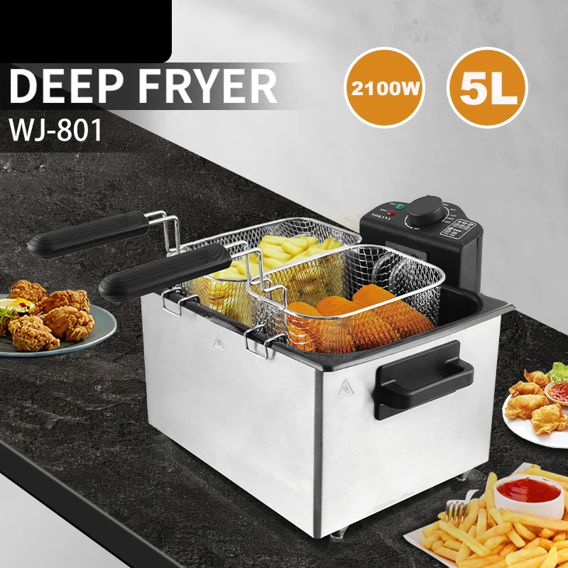 5L Fryer Household Electric Fryer Fried Skewers/Fish/French Fries 2100W Electric Fryer Dual Probes stainless steel