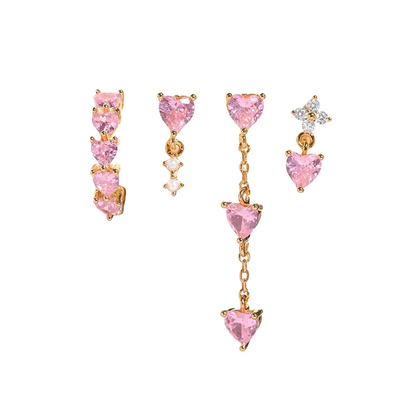 

Pink Zircon Long Chain Heart Dangle Earrings for Women Exquisite Gold Color Piercing Stud Earrings Fashion Jewelry Wholesale