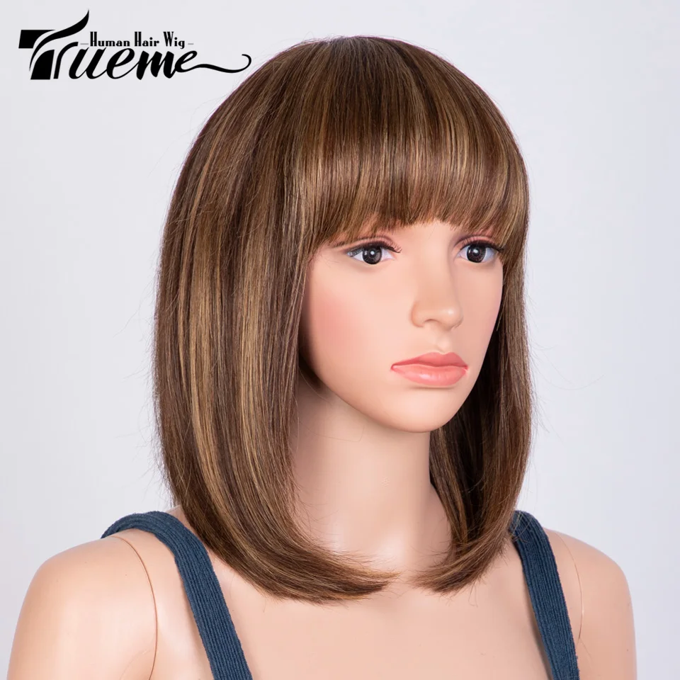 

Trueme Blonde Highlight Bob Wig Human Hair Wigs Short Brazilian Human Hair Wig With Bangs Brown Straight Bob Human Wig For Women