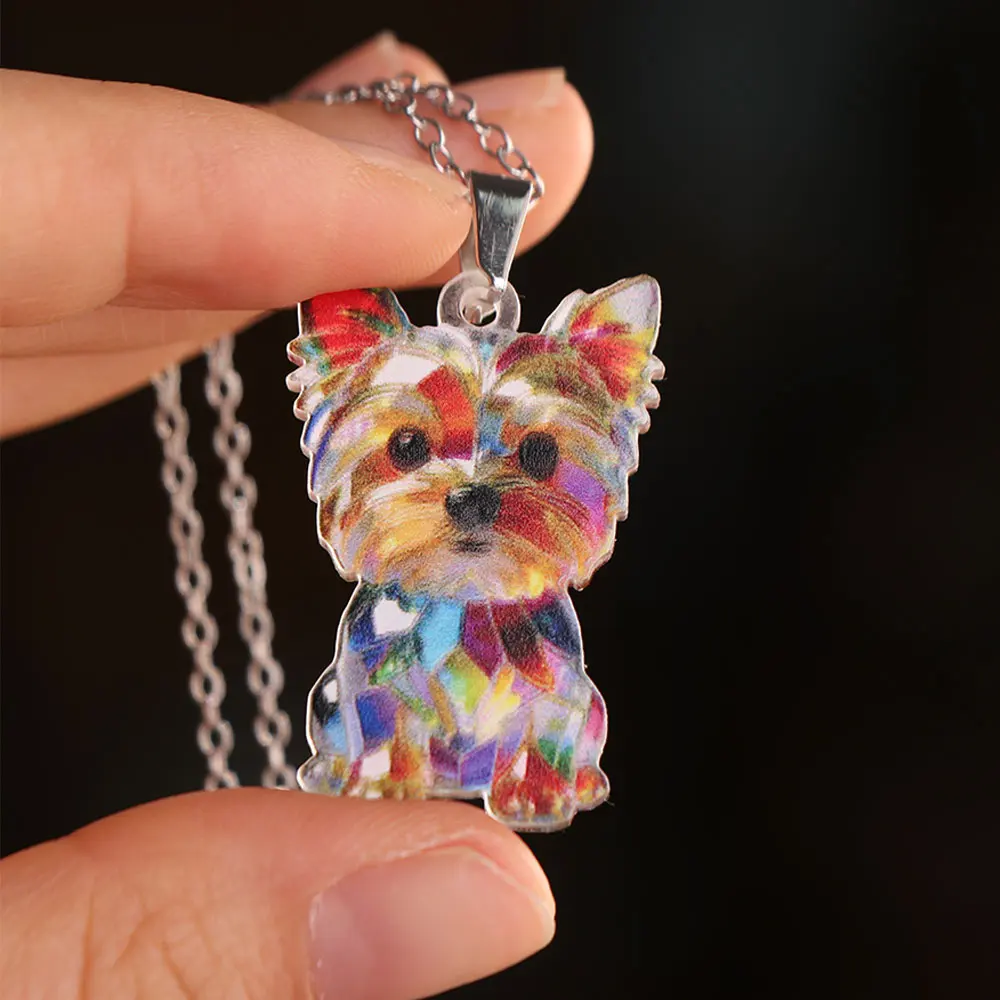 Sweet Friendship Yorkshire Terrier Necklace Acrylic 2D Flat Dog Pendant Necklace Cute Colorful Long Sweater Chain Couple