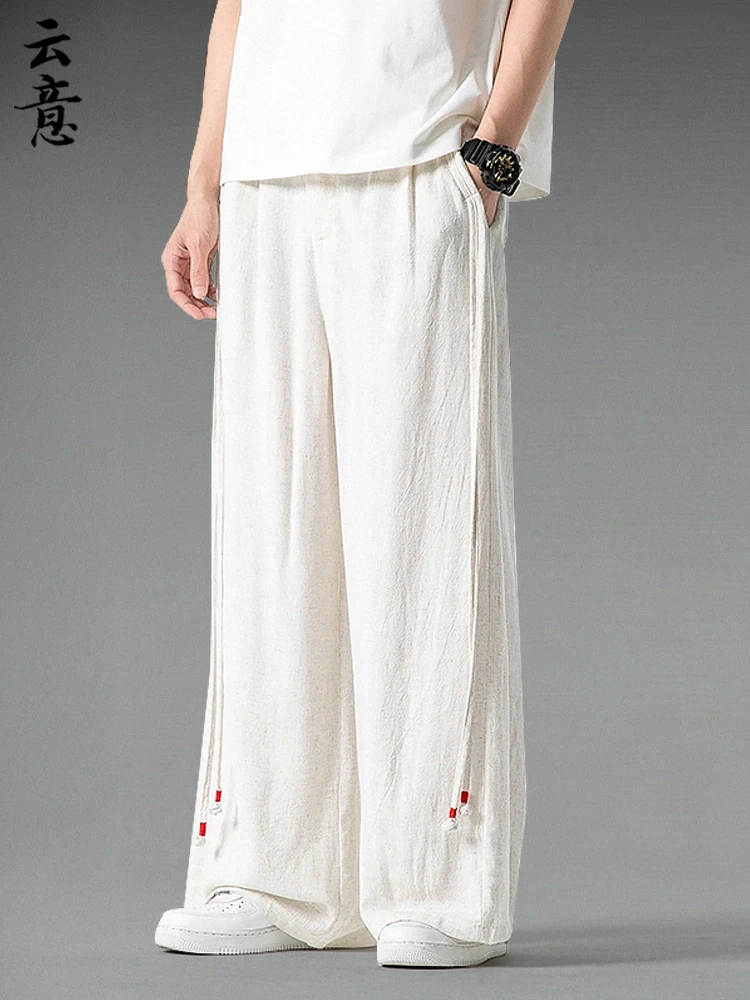 

Летние китайские льняные повседневные брюки для мужчин: свободные, широкие, в стиле Тан, Ханьфу, прямые, длинные, из хлопка и льна