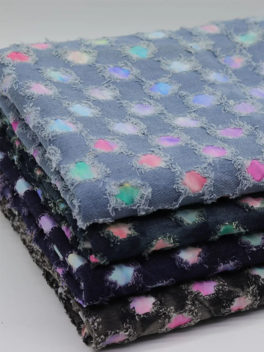 Broken Hole Denim Colored Tie Dye Washed Fabric By The Meter for Jeans Jacket Handmade DIY Sewing Fashion Cloth Thick Blue Black