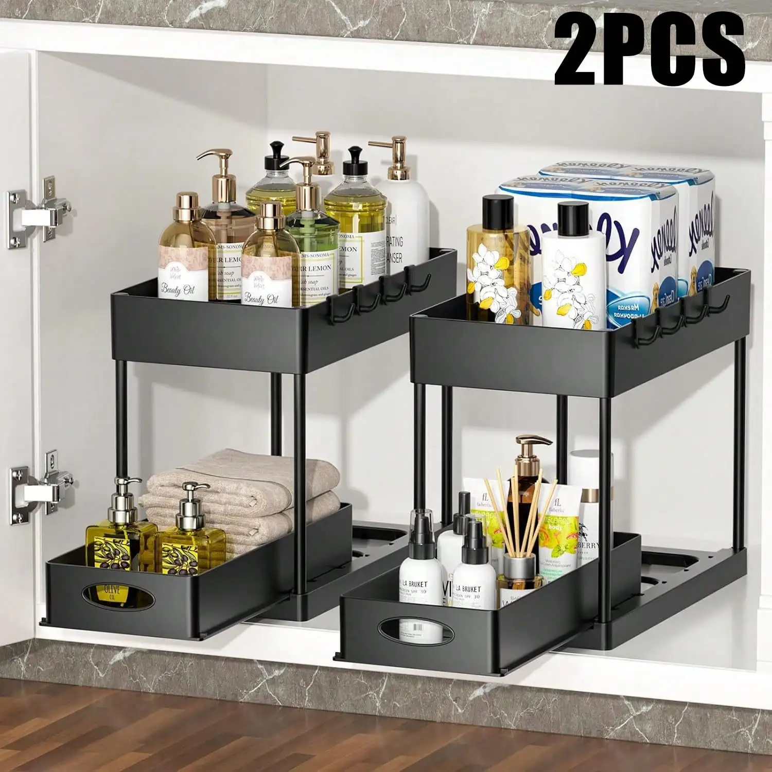

2-Piece 2-Tier Under-Sink Storage Rack: Black Sliding Basket with 8 Hooks for Kitchen & Bathroom