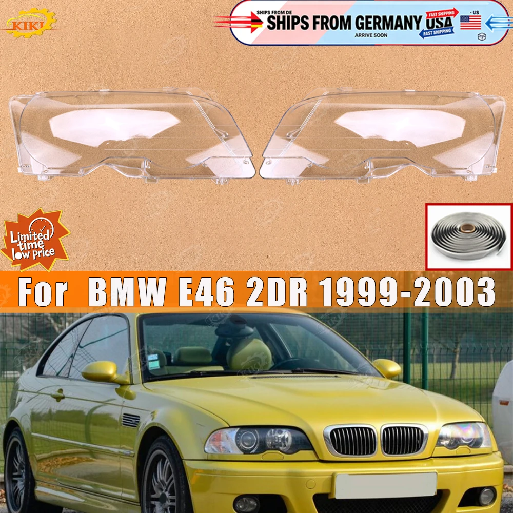 For BMW E46 2 Door Coupe 1999-2003 Pair Headlight Lens Cover With Rubber Seal Strips Front Outer Lamp Replacement Vehicle Parts