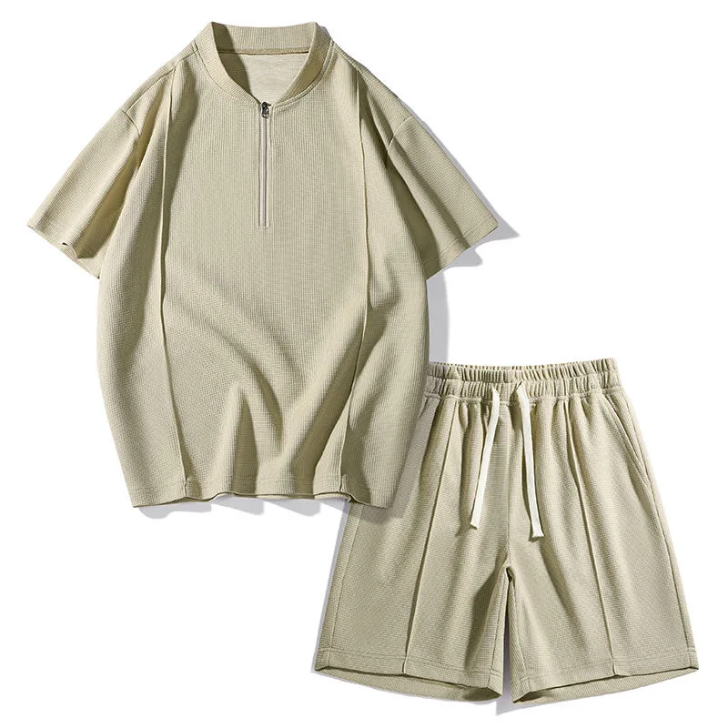 

2025 Summer New Waffle Summer Suit Shorts Suit T-shirt Suit Men's Summer Casual Suit Loose Two Piece Set