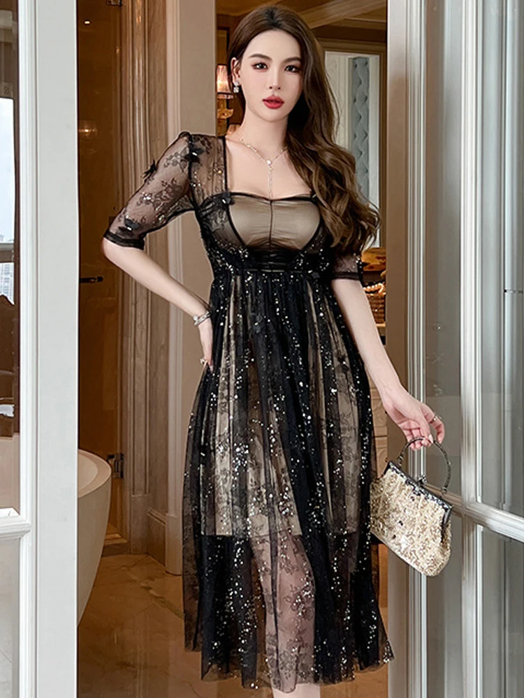 Women's Fashion French Retro Long Dress Woman Sheer Black Lace Butterfly Sequin Ball Gown Party Vestidos Prom Banquet Robe Femme