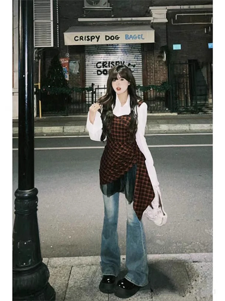 Spicy Girl Sommer Frühling Plaid Strap Dr Damen Pure Desire Taille Cinching ort A-Linie Rock Vintage Sle No Brand