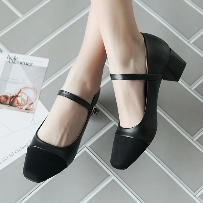 

REAVE CAT 2025 Black Casual Office Lady Pumps Square Toe Mary Janes Soft Women Shoes Block Heels Buckle Strap Mixed Big Size 43