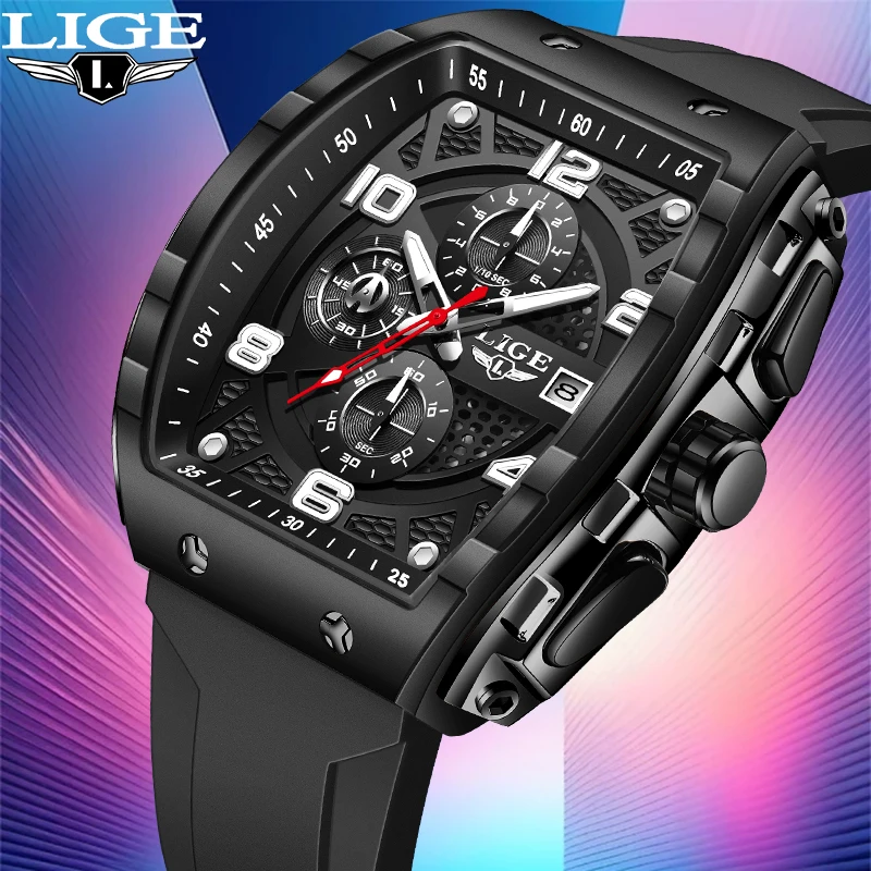 

Мужские наручные часы LIGE: модные, кварцевые, с автодатой, спортивные, хронограф, силиконовый ремешок, водонепроницаемые, светящиеся