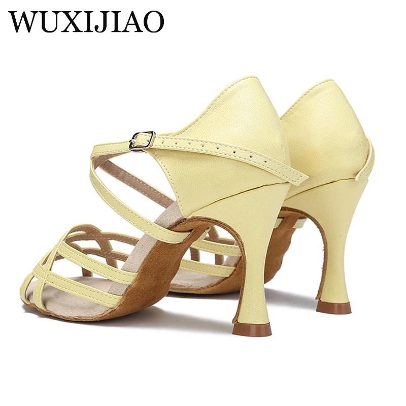 WUXIJIAO Ladies Latin Dance Shoes PU Purple Yellow High Heels Wide Heel 9cm Salsa Ballroom Latin Dance Shoes