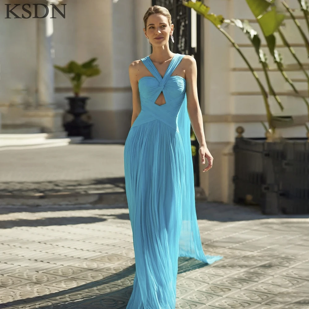 

KSDN Fashion Evening Dresses Luxury Sleeveless Halter Chapel Train Pleat Gowns High Quality Illusion Dress Vestidos