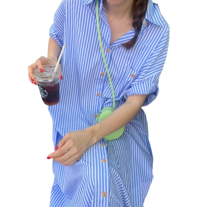 Fashion Blue Stripes Women Shirt Dress Loose Short Sleeve Lapel Elegant Summer Casual Dress Buttons Pocket Office Long Dress