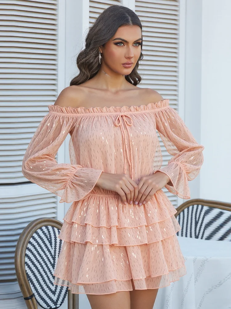 

Kliou Y2K Sweet Style 3 Piece Set Woman Ruffles Slash Neck Flared Sleeve T-Shirt+Solid Strapless Top+Tierred Skirts Elegant Suit