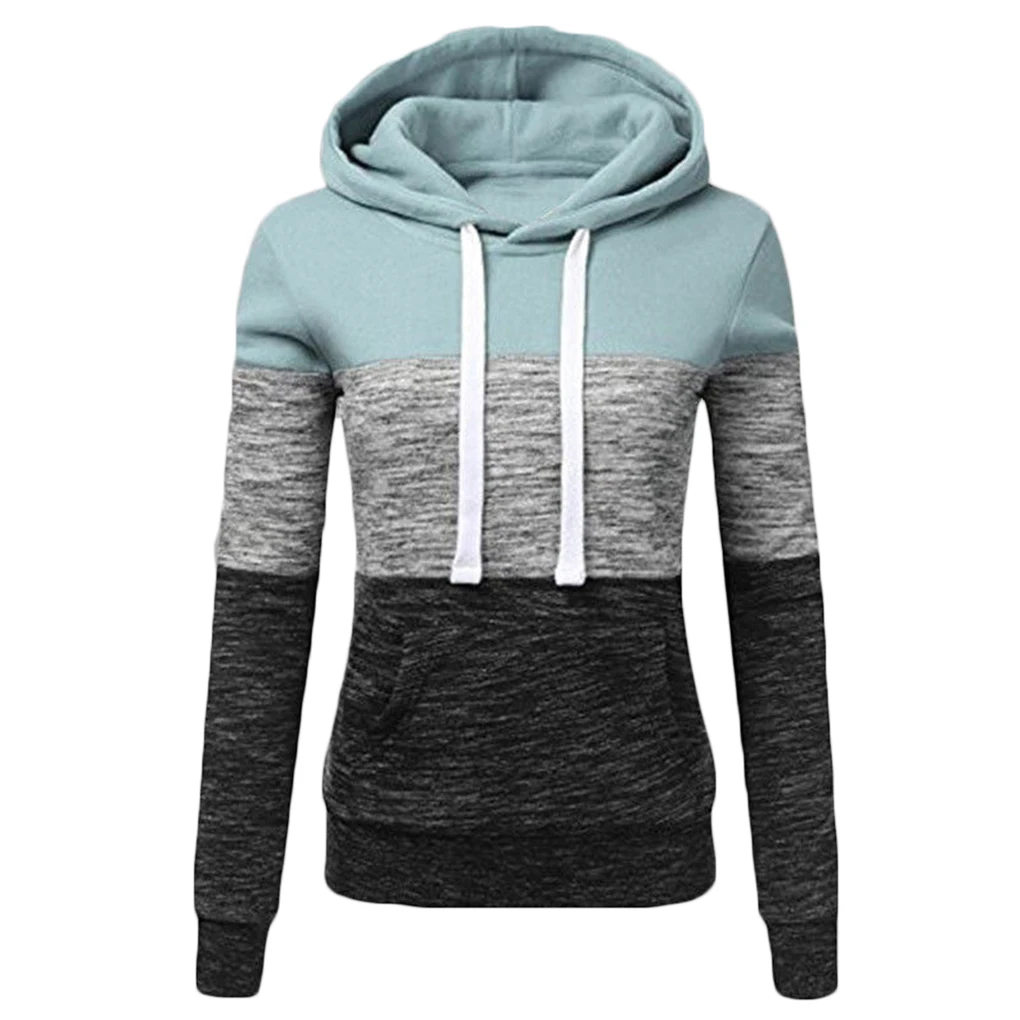 Women Girls Drawstring Hoodies Patchwork Pocket Hoodies Hooded Sweatshirt
