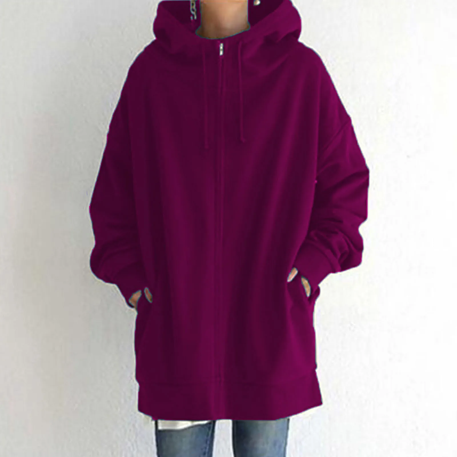 Women\'s Autumn Hooded Fleece Zipper Sweatshirt Winter Solid Color Long Sleeve Baggy Mid-Length Coat With Pockets Elegant Outwear