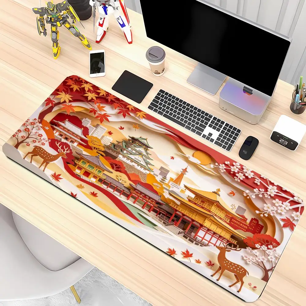 Japanese Castle Red Deer Paper Art Table Mat Smooth Glide Non Slip Rubber Base Large Size For Study Office Decor