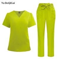 Uniformes quirúrgicos para mujer, conjunto de bata de enfermería con cinturón de lazo a la moda, uniforme médico, pantalones superiores, trajes clínicos de Hospital, ropa de Spa de belleza