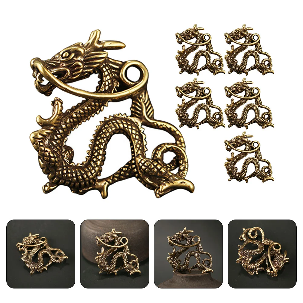 

6 Pcs Brass Chinese Dragon Keyrings Animal Statue Decor DIY Hanging Crafts Pendant Small Zodiac Adornment Vintage