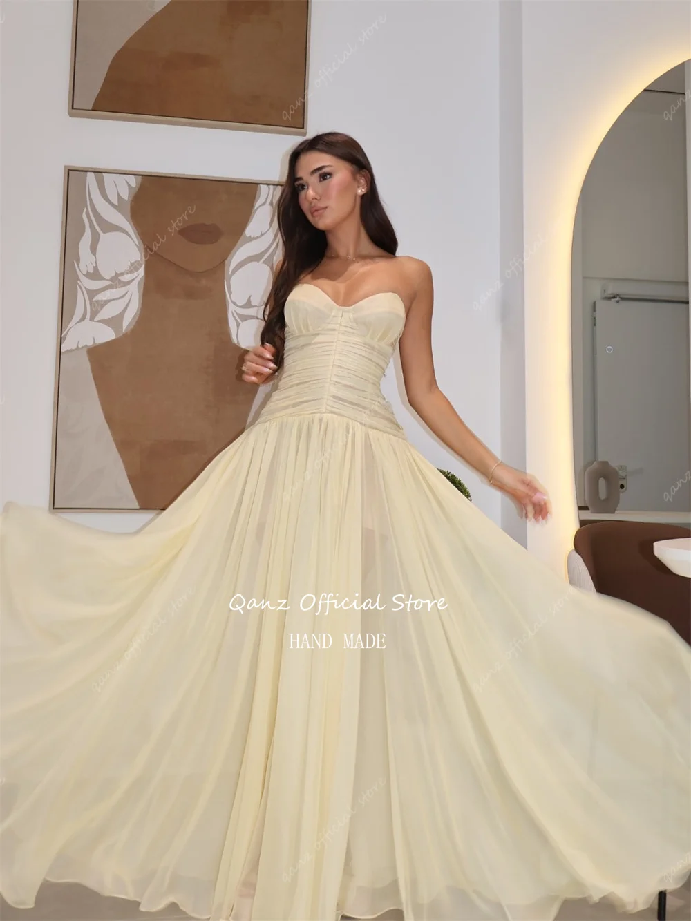 

Qanz легкие шифоновые вечерние платья длинные трапециевидные свадебные платья для гостей женские милые элегантные женские платья Vestidos De Gala по индивидуальному заказу