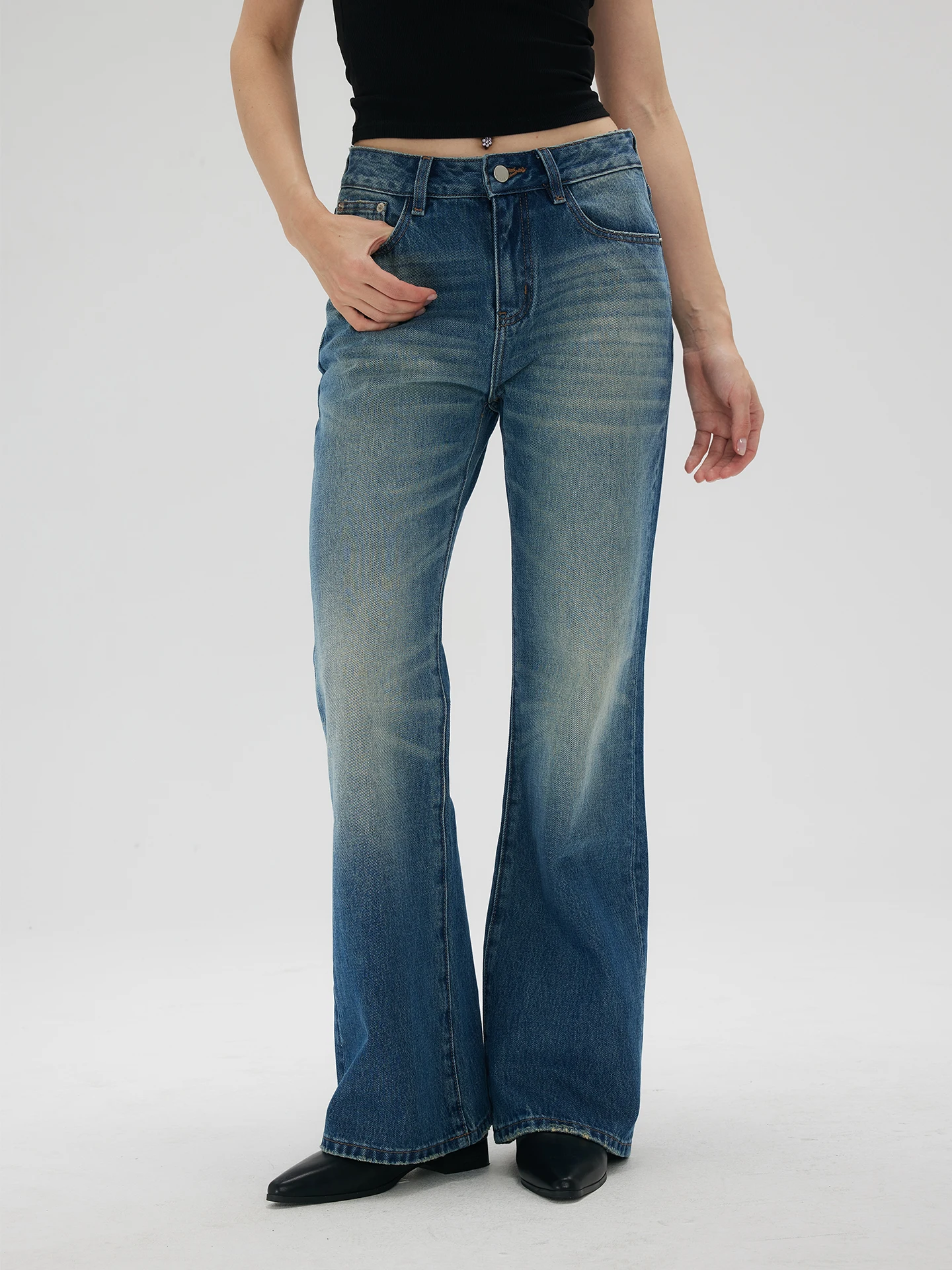 

Remould Vintage Blue Skinny Jeans Women's No Stretch Bell Bot mid Waist Denim Pants Spring New Sle Cotton Material