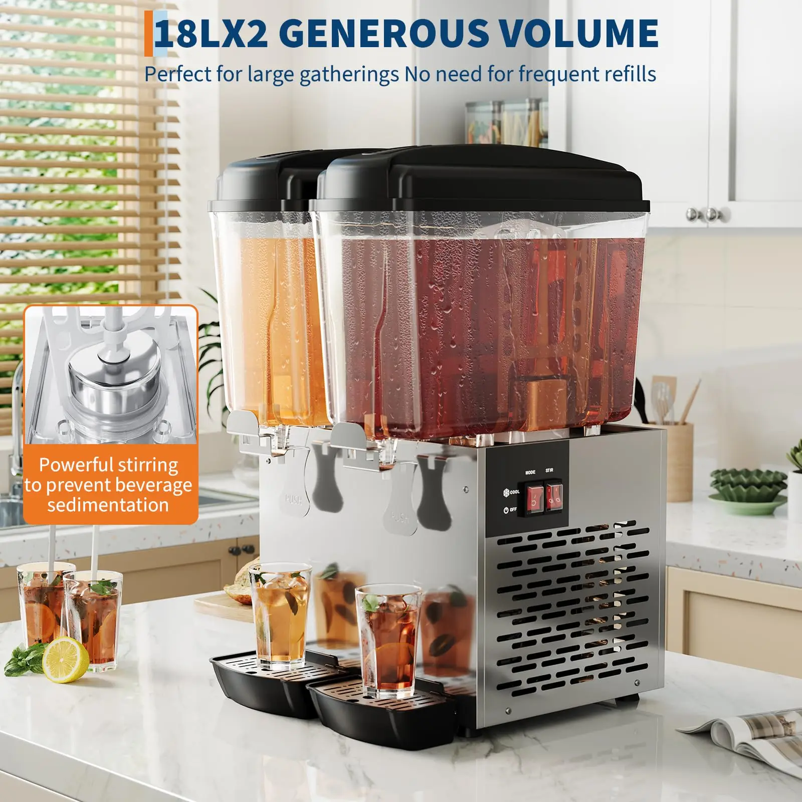 2 Tank Commerciële Drank Dispenser 18LX2 36L Rvs Iced Tea Sap Machine Snelle Koeling Voor Restaurant Hotel Party