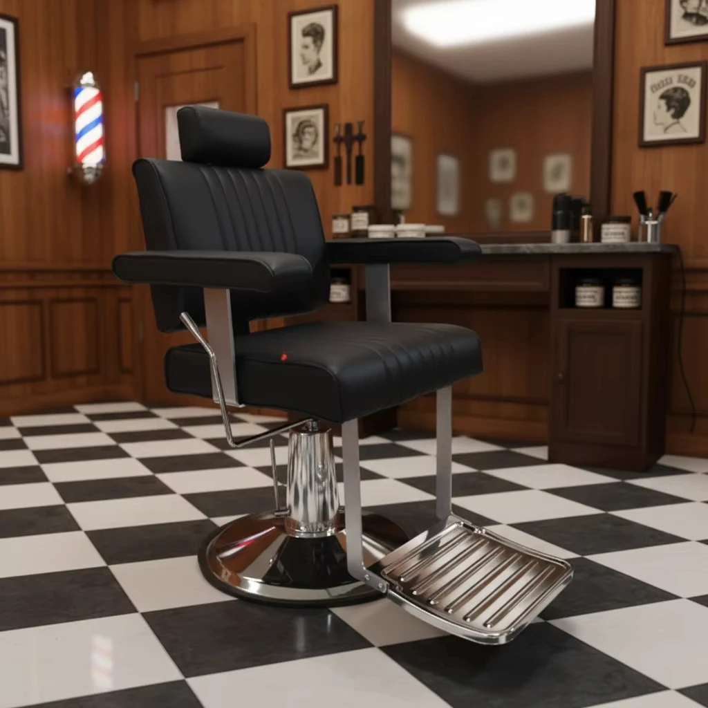 

@#Antique Style Black Gold Tufted Leather Barber Shop Styling Shaving Chair Hydraulic Pump Round Base Hairdressing Chair For Sal