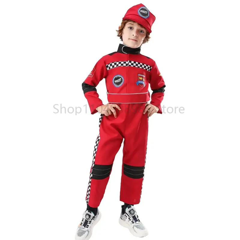 

2025 New Arrival Boy Red Jumpsuit Race Car Driver Halloween Fancy Dress Up Children Racing Driver Costume With Cap