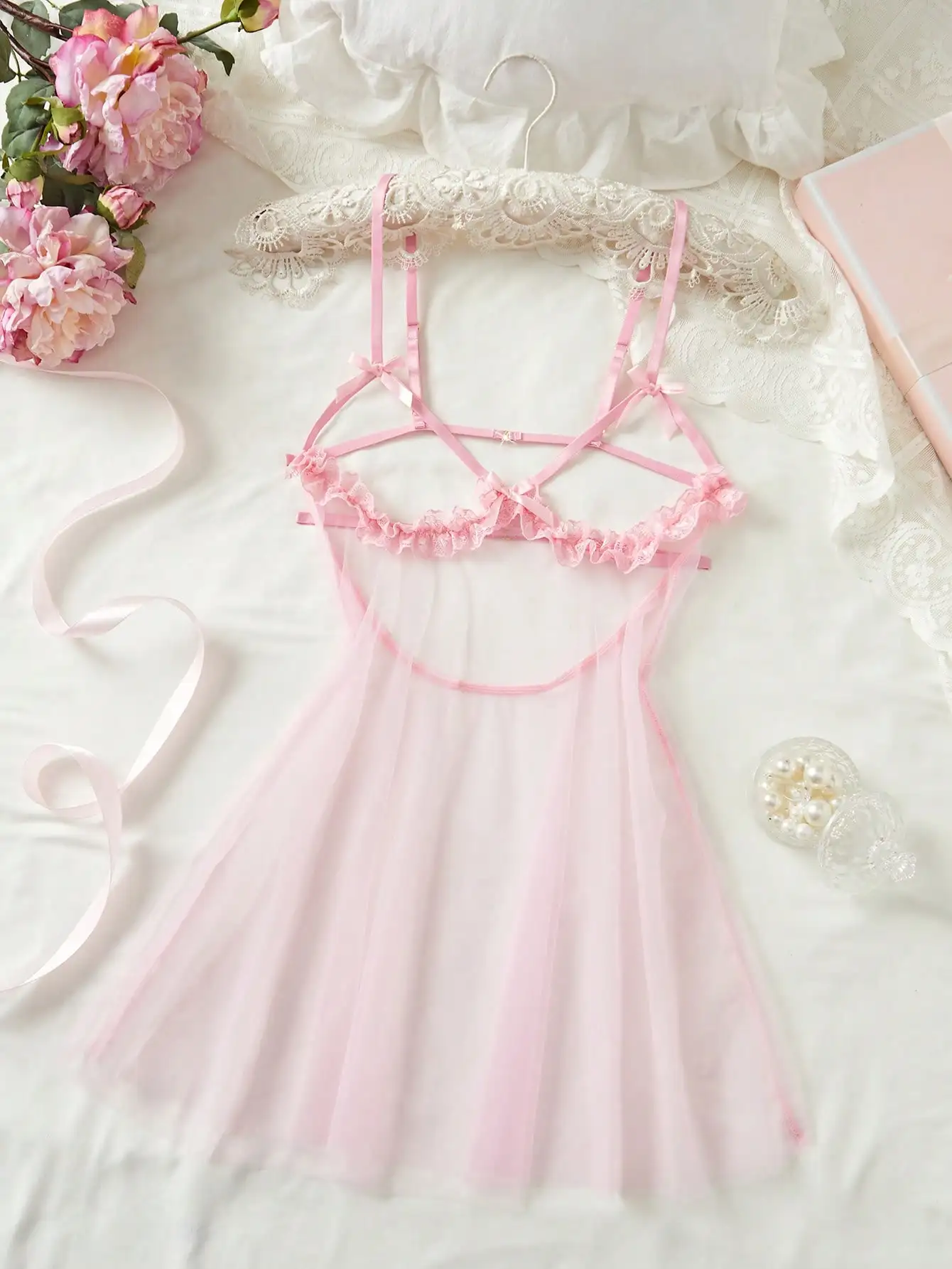 

Розовое прозрачное белье-бэбидолл с бантиками на бретелях и кружевной отделкой, ночная сорочка без спинки для женщин