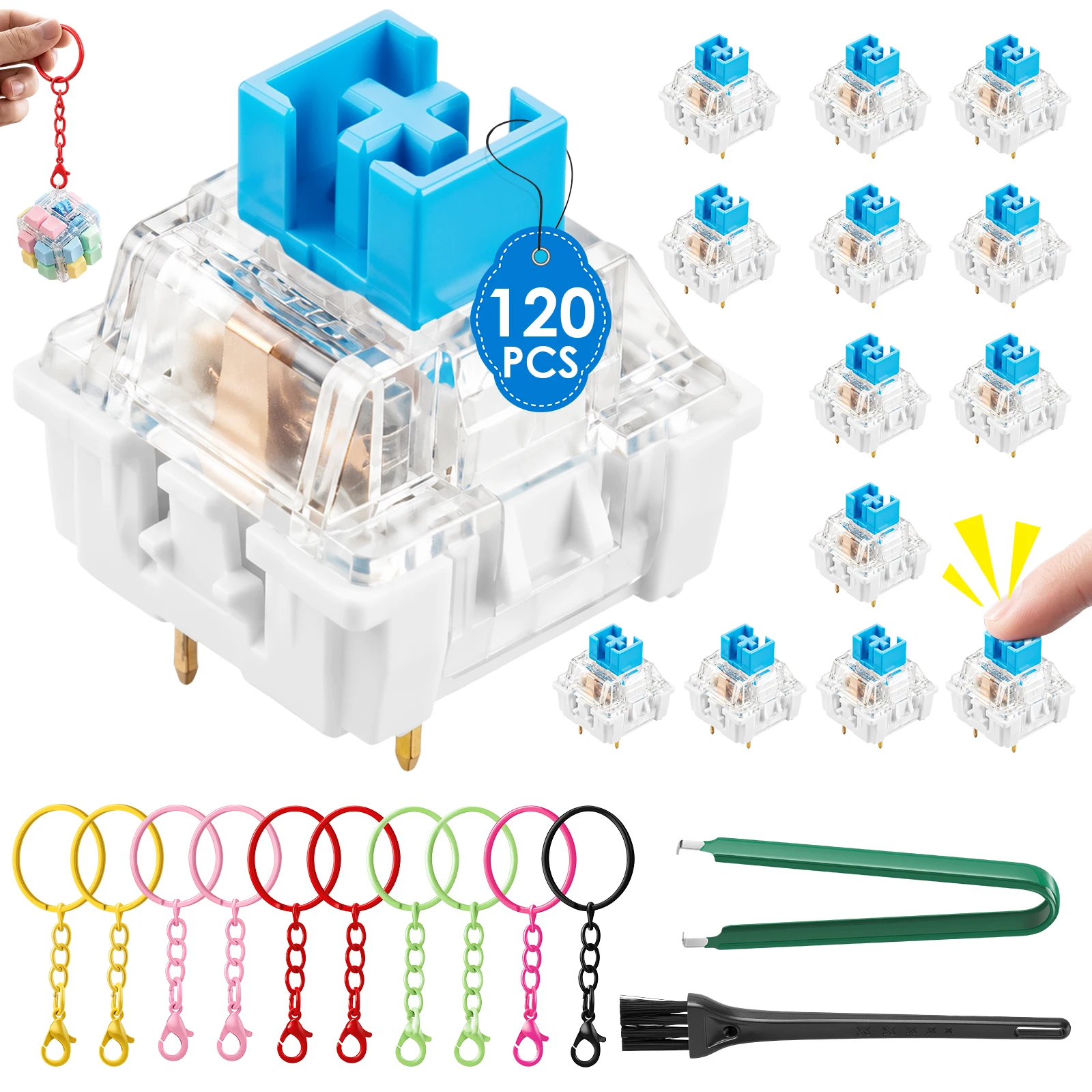 Mechanical Keyboard Switch Kit 120 Blue Clicky Switches With Keycap Puller Brush And Key Rings For Hot Swap Keyboard Repair