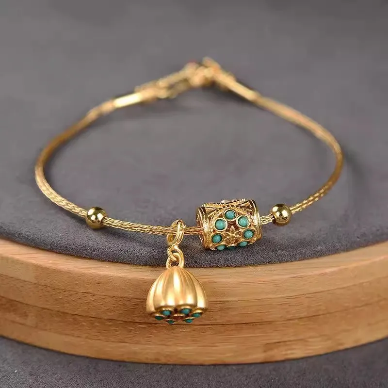 

Ancient Gold Craftsmanship Inlaid Turquoise Lotus with Adjustable Bracelet Temperament Retro Palace Ancient Ladies Jewelry