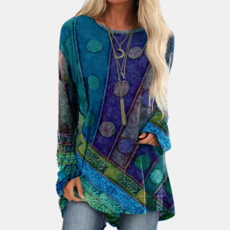 European and American Women\'s Popular Ethnic Style Printed Loose Long Sleeved Oversized Hoodie Fashionable T-shirt 2024