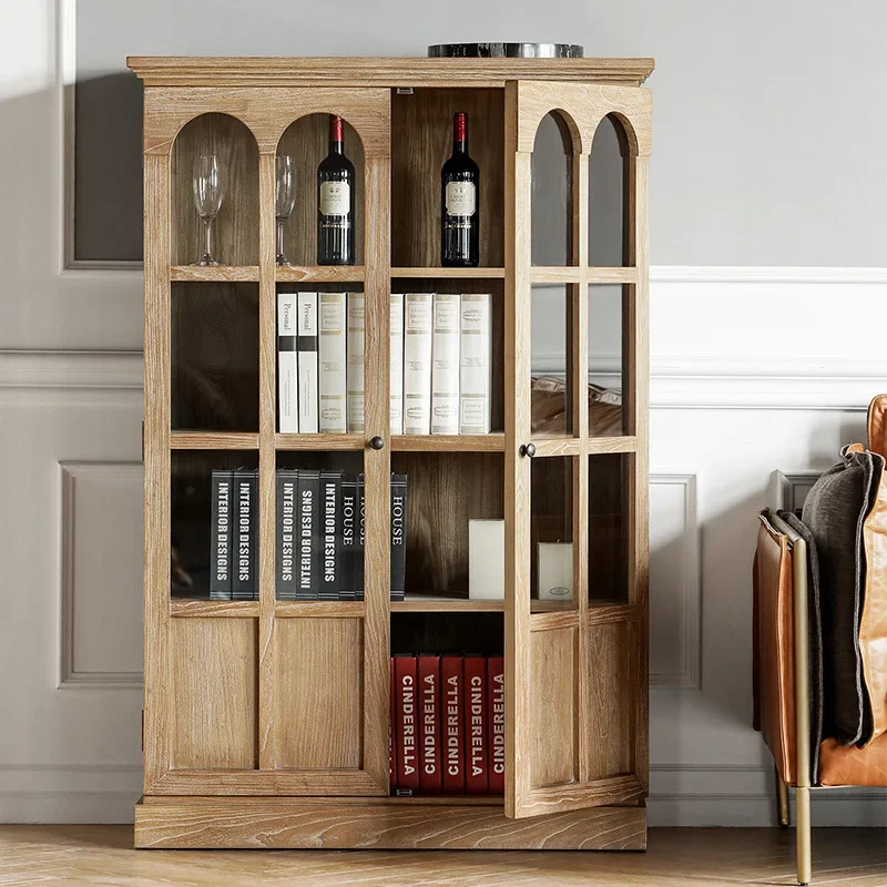 Living Room Furniture Storage Cabinet American Solid Wood Book Wine Cabinet Retro Double Door Light Luxury Glass Door Bookcase