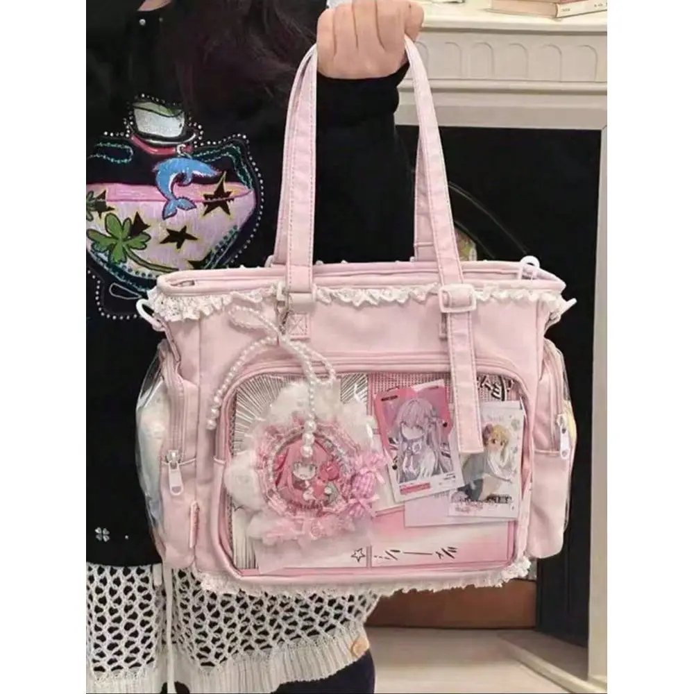 

Kawaii Japanese Style Girls Shoulder Bag, Featuring Pearl Bow Lace Trim For Elegant Cute Look, Transparent Decor Suitable For C