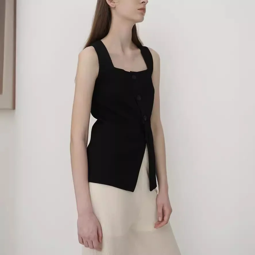 

7601 Summer 14 Needle Cool Loose Square Neck Straight Shoulder Wide Strap Concealing Side Breast Waist Slimming Knitted Vest